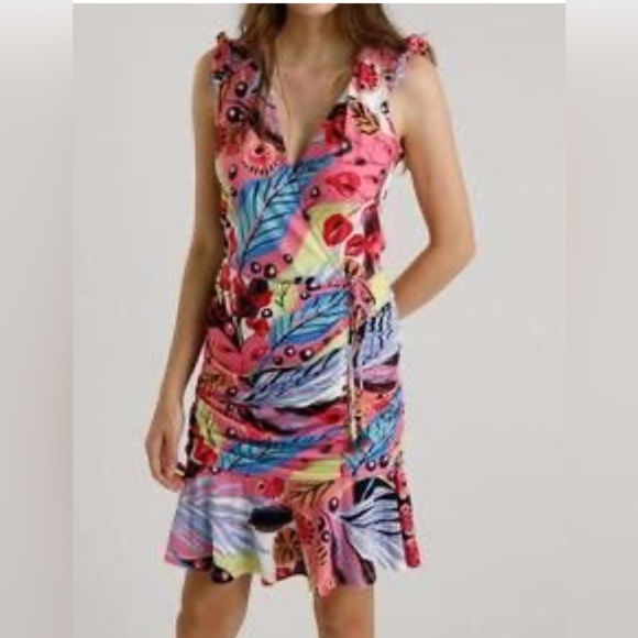 Hale Bob Wrap Dress Size S Colorful Floral Leaf Print Tassels Cap Sleeve Summer - Picture 1 of 10